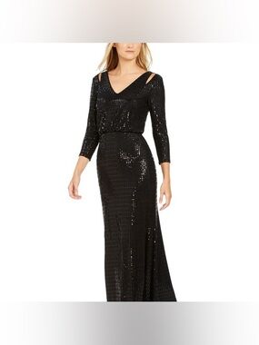 Calvin Klein Black Sequin Long-Sleeve Evening Gown